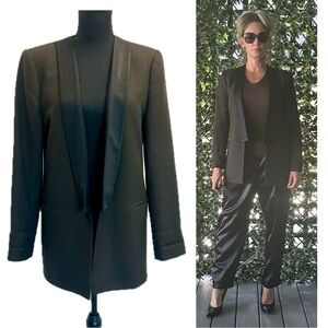 Zara dark brown textured black satin lapel collar open front tuxedo blazer Sz L